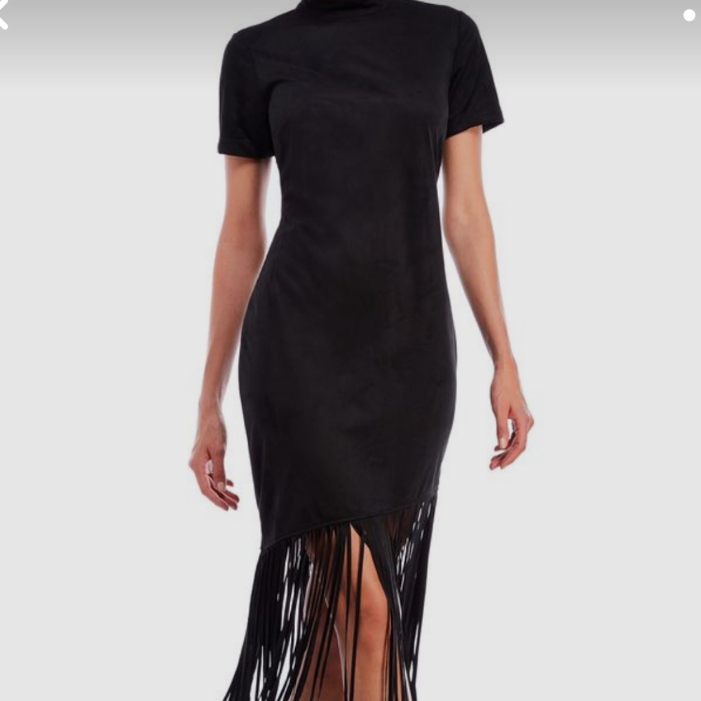 New York & Co Black Mock Neck Fringe Dress